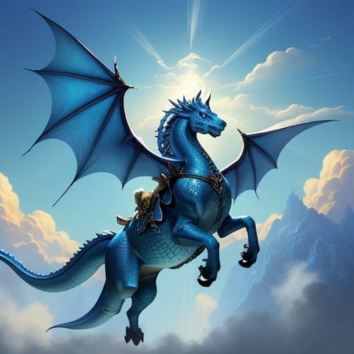 Majestic Dog Rides a Vibrant Blue Dragon Through the Sky