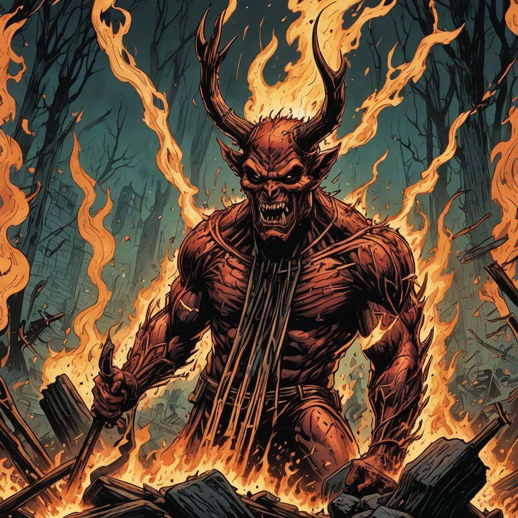 Fiery Devil's Pitchfork in Comic Book Style