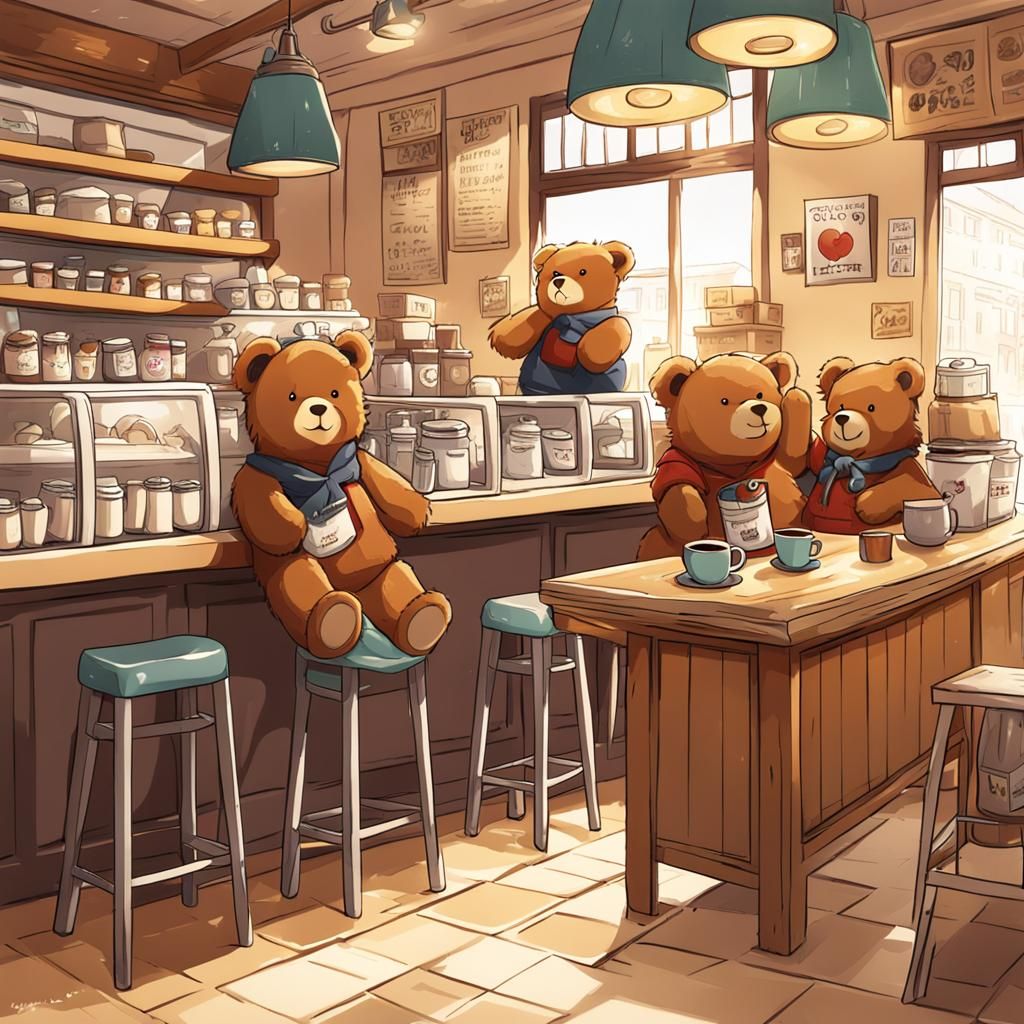 Teddy Bears Running a Coffee Shop in Anime Style