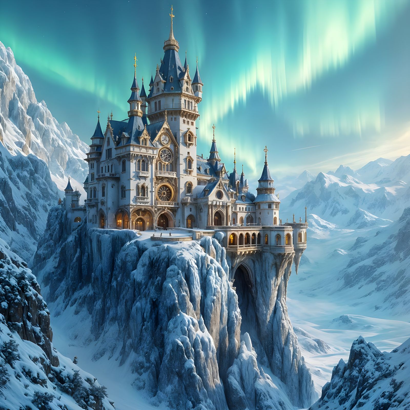 Icepunk Castle on Glacier in Whimsical Fantasy Style