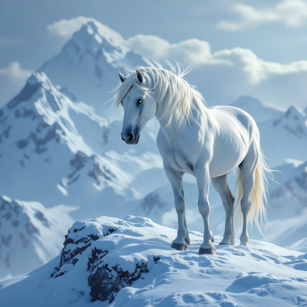Majestic White Horse on Snow-Capped Peak