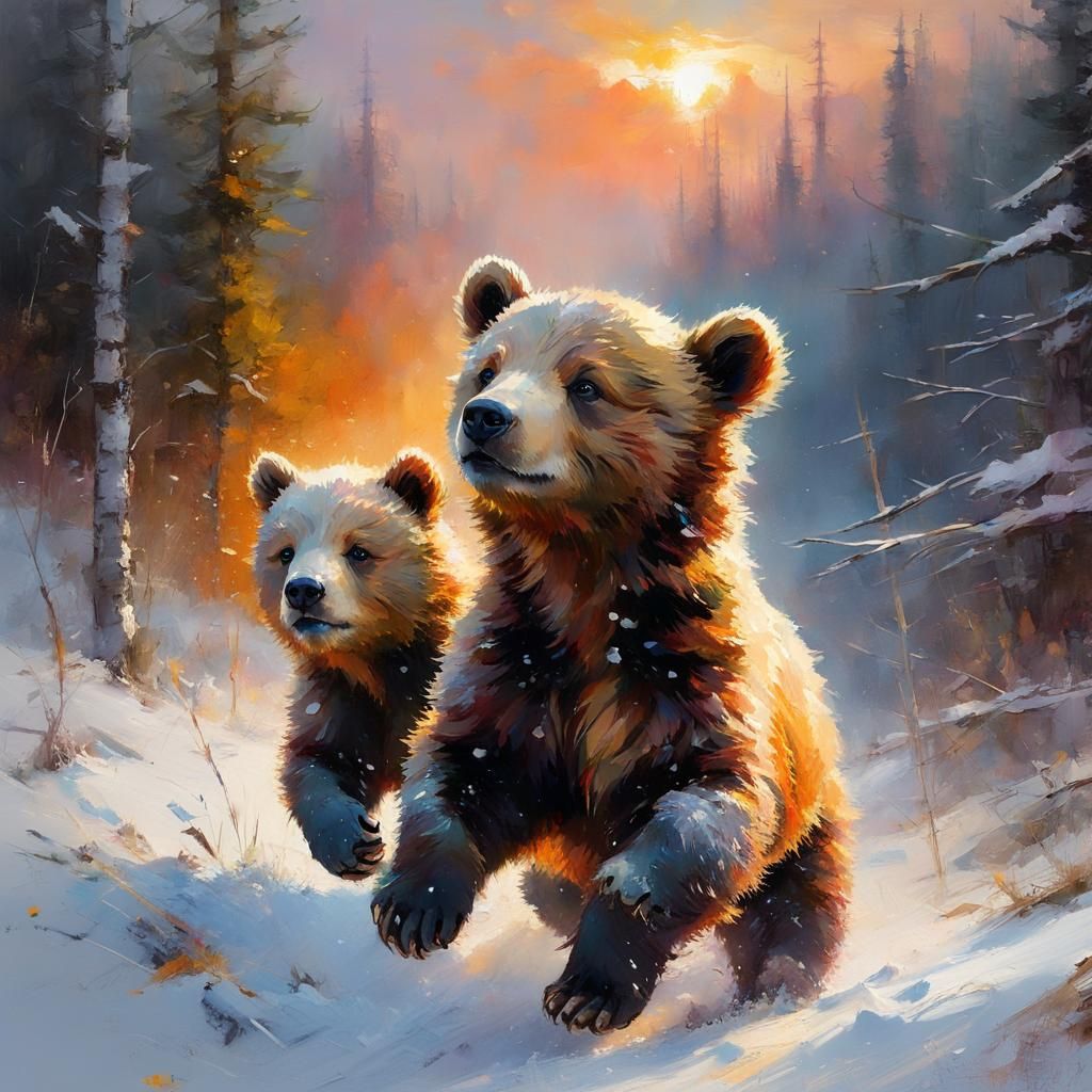 Bear Cubs Playing in Snowy Landscape
