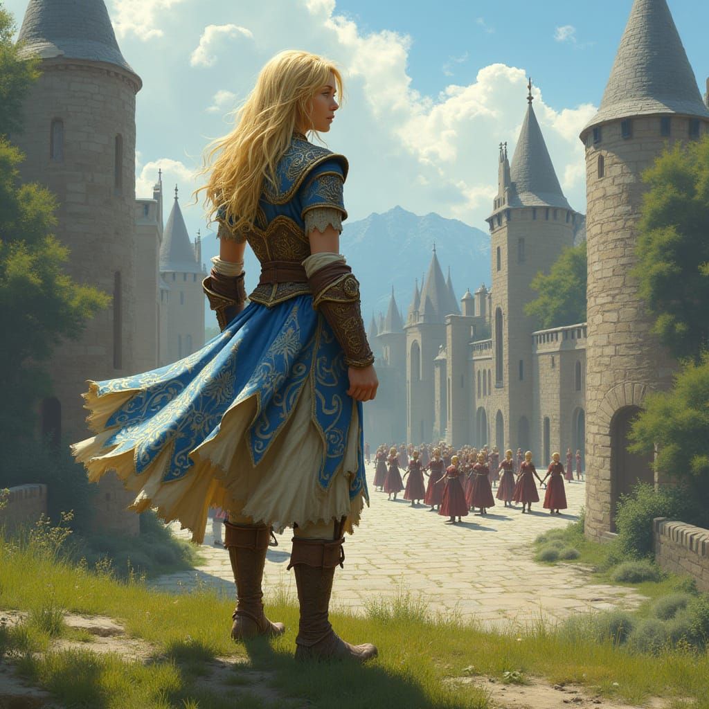 Medieval Blonde Warrior Overlooks Magical Training Ground