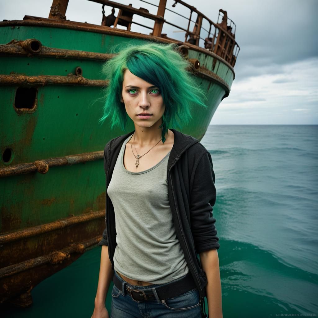 Emo Girl on Shipwreck Portrait in Ocean