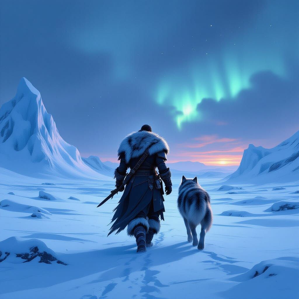 Warrior and Wolf Traverse Frozen Tundra in Dark Fantasy Styl...