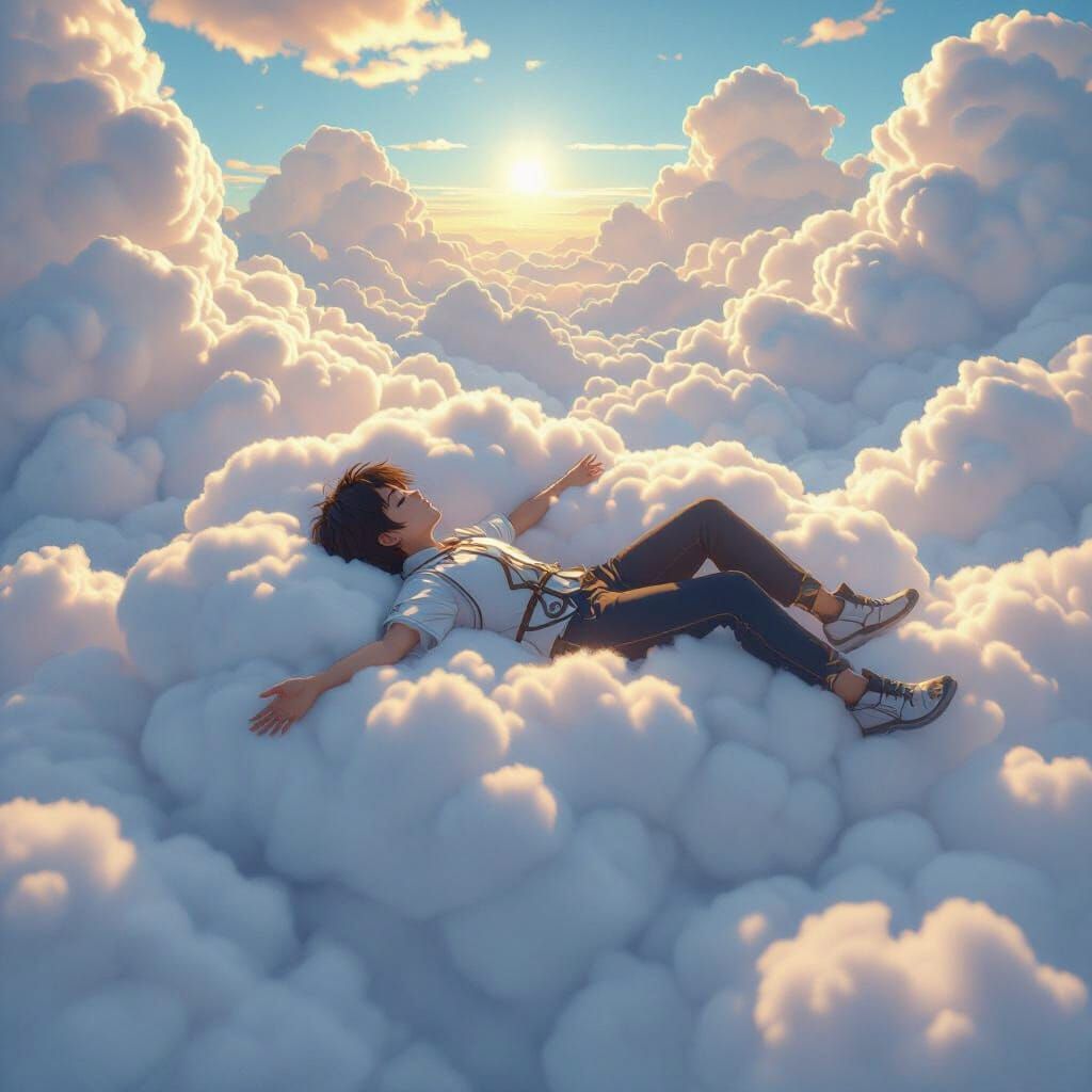 Person on Fluffy Clouds in 3D Anime Art Style