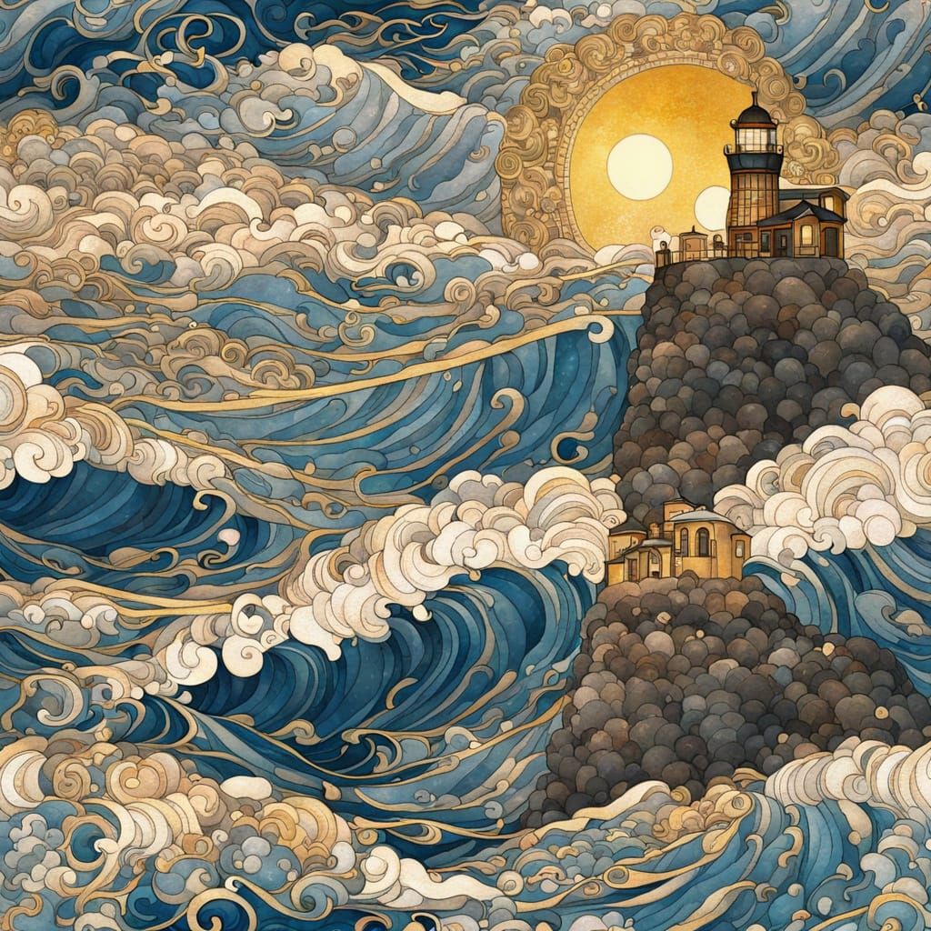 Lighthouse Waves in Gustav Klimt Style
