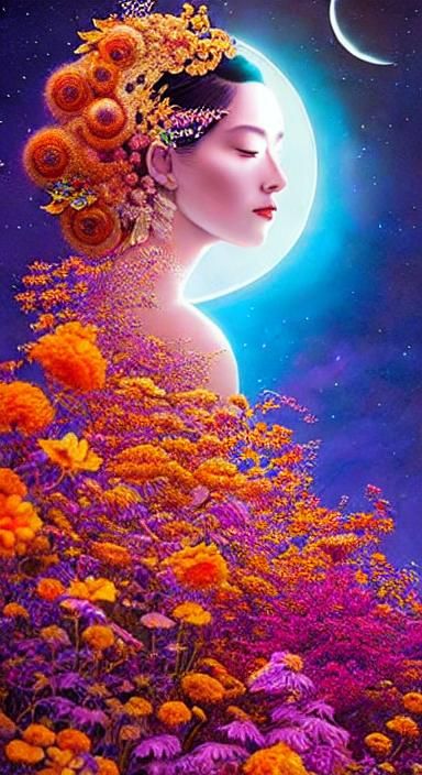 Celestial Woman in Surreal Sun and Moon Star