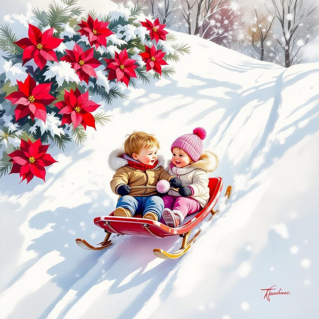 Ethereal Watercolor of Siblings Sledding with Poinsettias