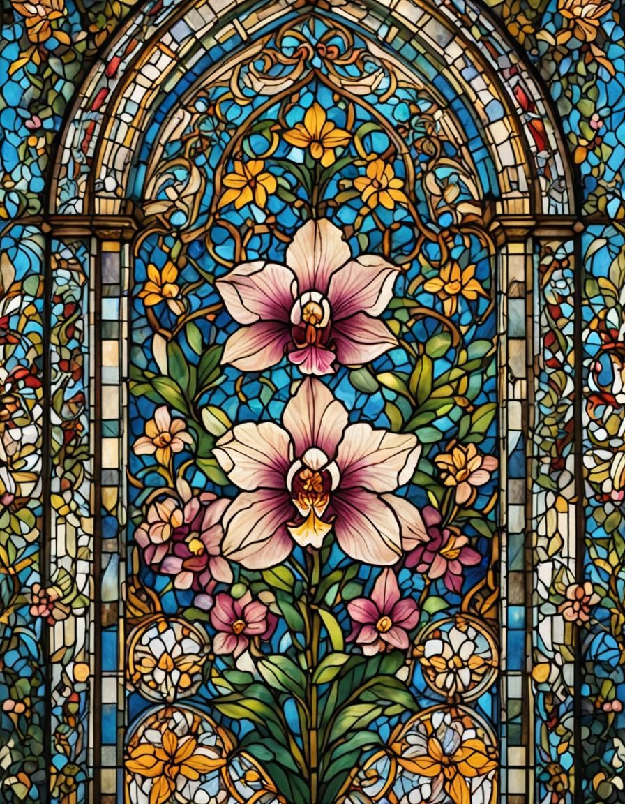 Vibrant Orchid in Stained Glass Cathedral Window
