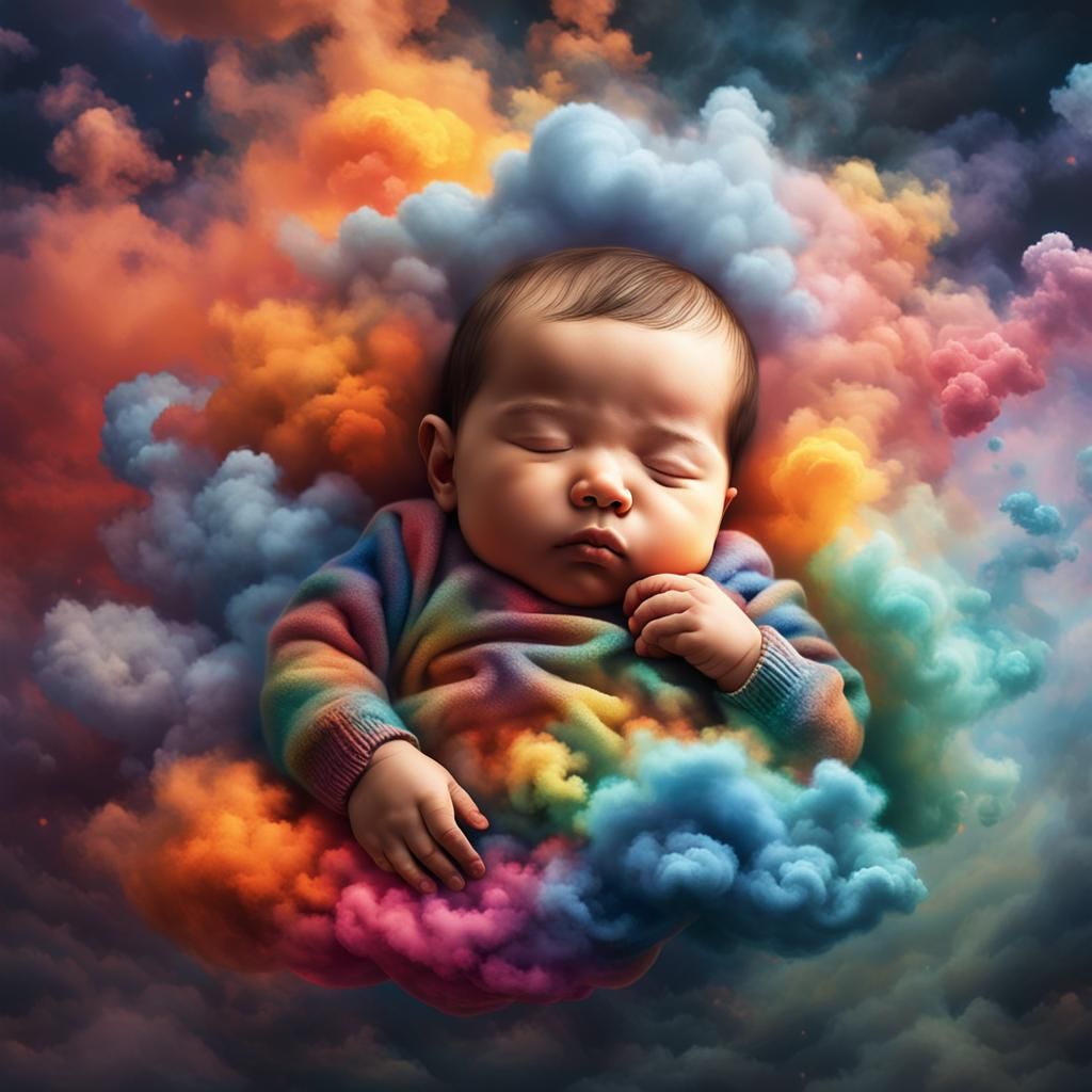 Cozy Baby Sleeping in Colorful Smoke Clouds
