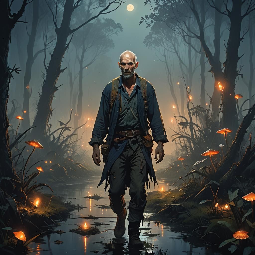 Balding Man in Swamp: Dark Fantasy Concept Art