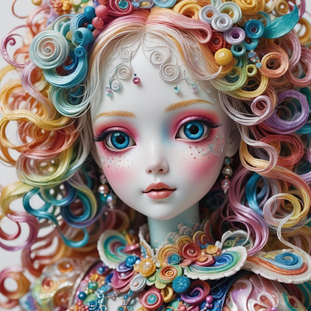 Rainbow Doll: Whimsical Fantasy Portrait in Watercolor Style