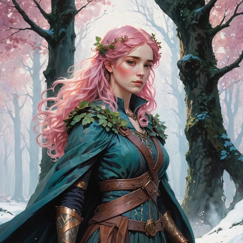 Pink-Haired Nymph in Forest, Oil Painting Style