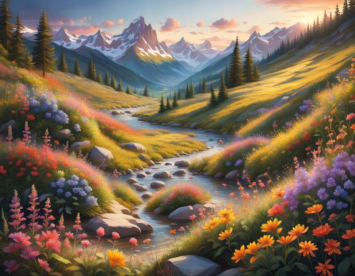 Lush Alpine Valley with Wildflowers at Magic Hour