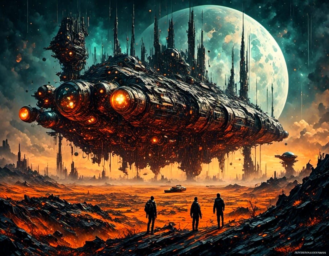 Industrial Space Station over Orange Planet