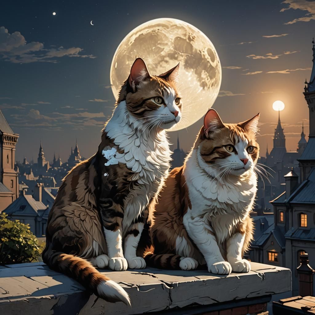Cats Silhouetted by Moon in Dark Fantasy Art