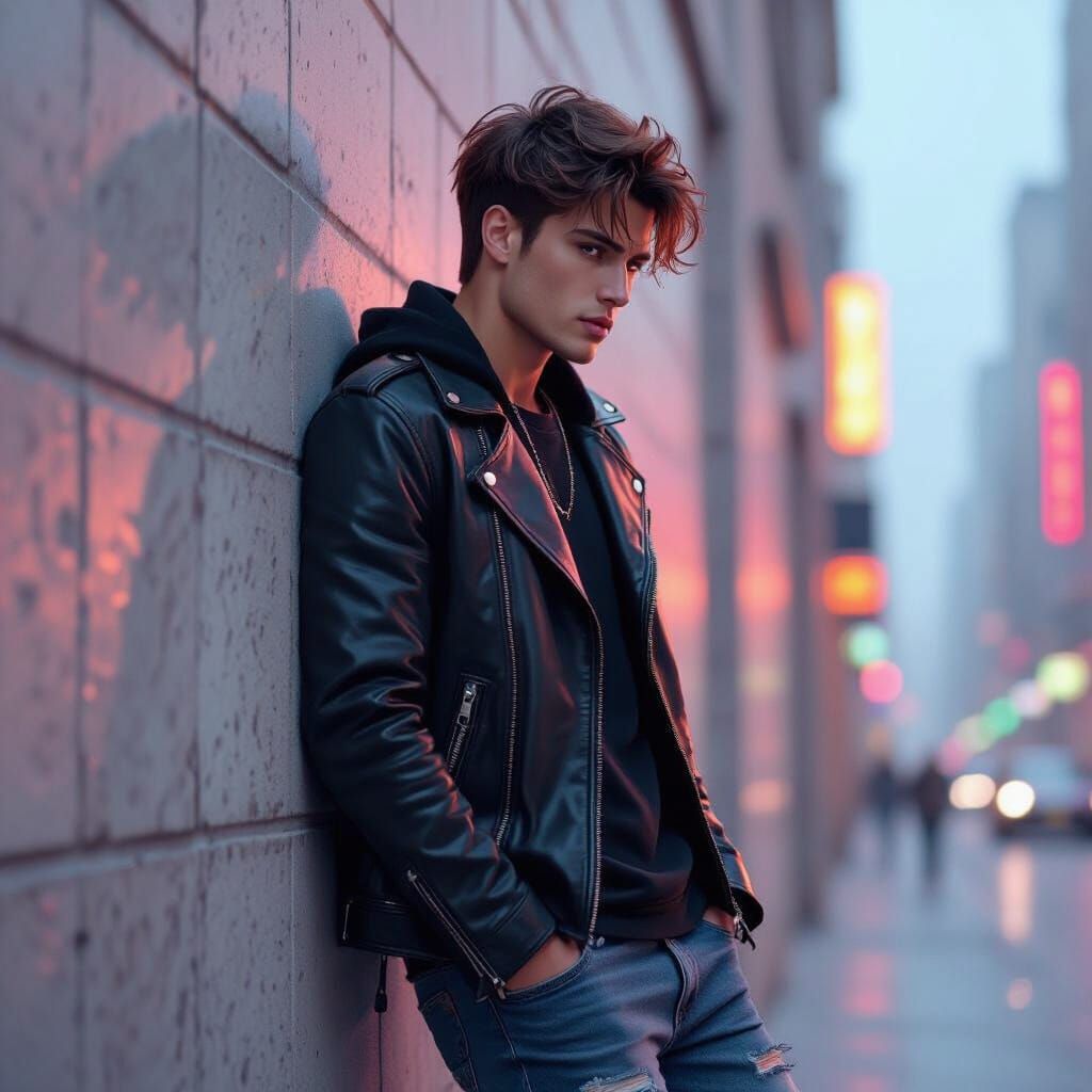 Young Man in Leather Jacket with Neon Glow