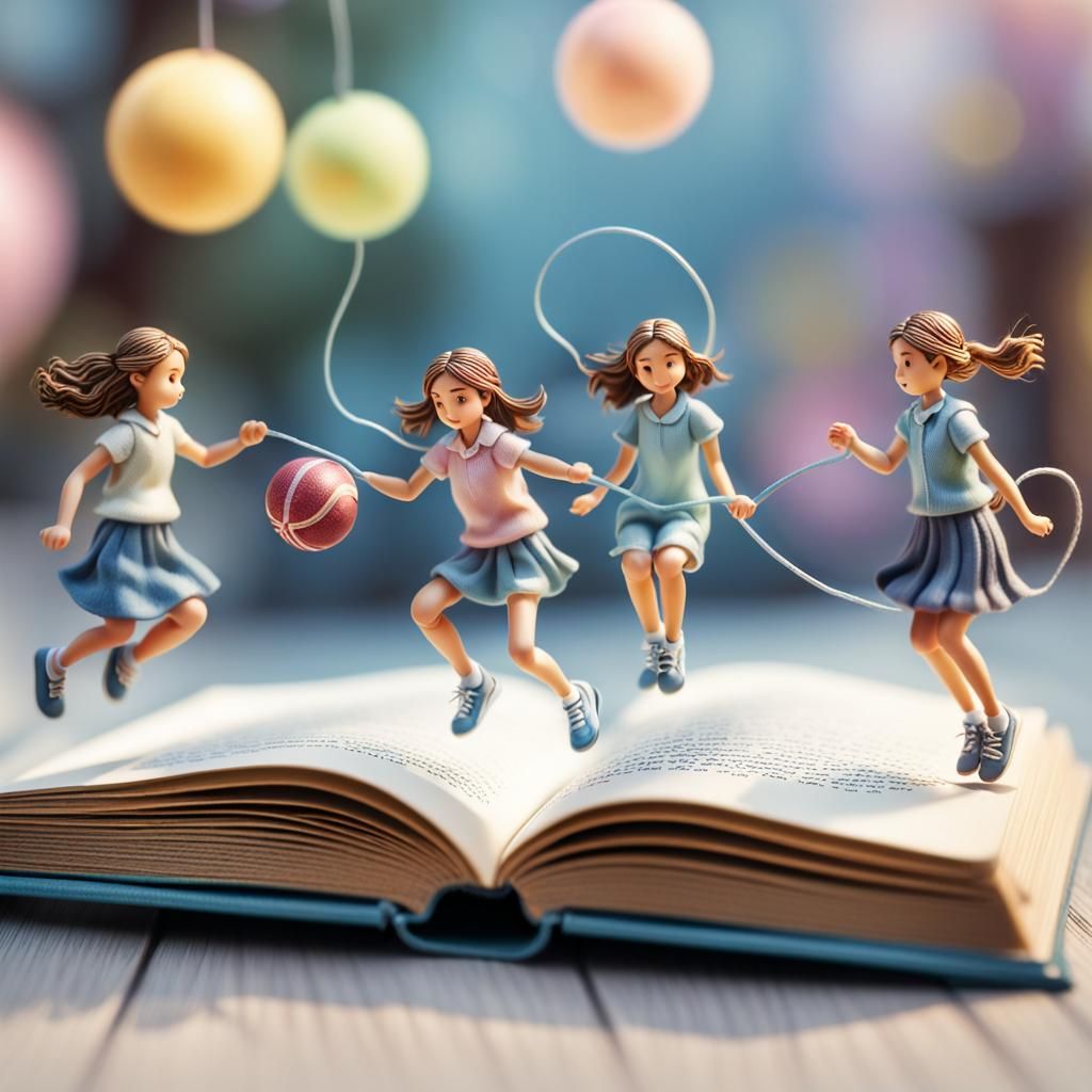 Miniature Children Playing on Open Book, Hyperrealistic Styl...