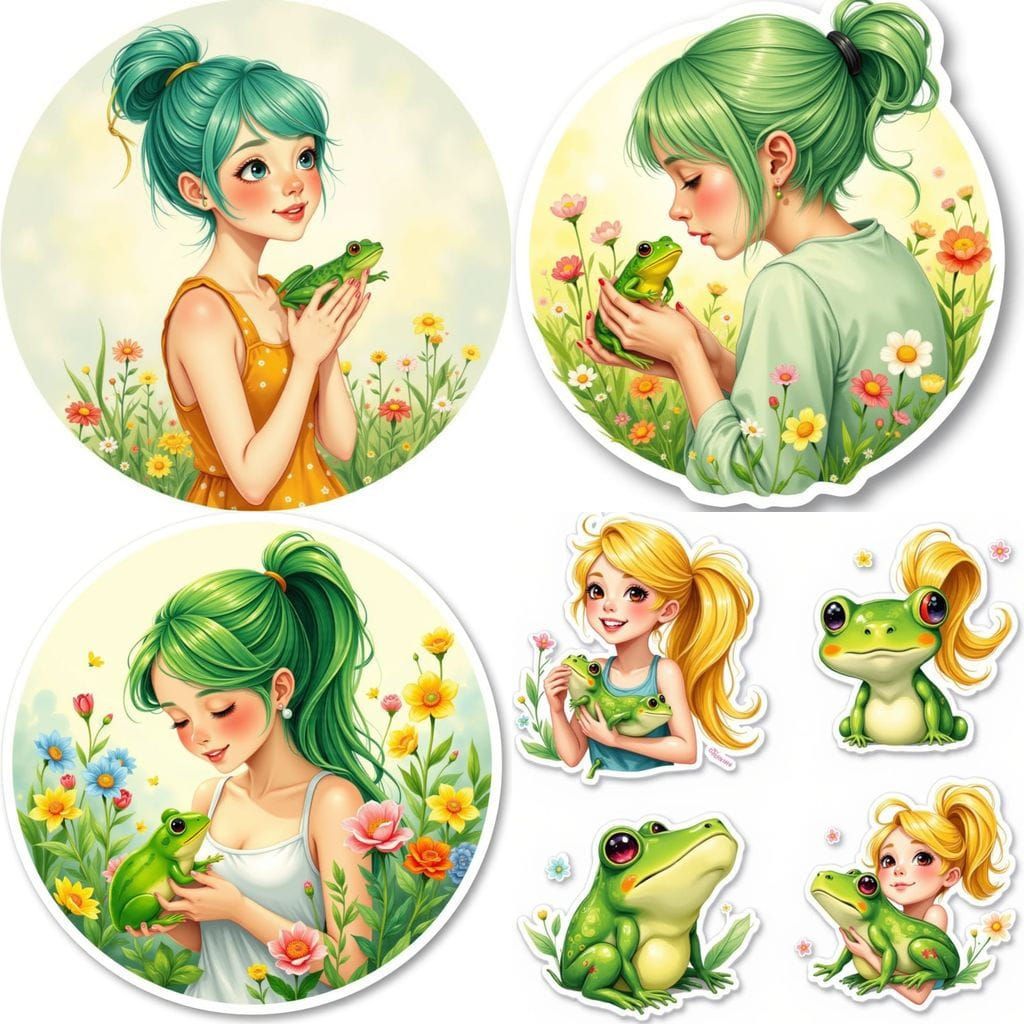 Cute Frog Core Sticker Design with Woman and Baby Frog