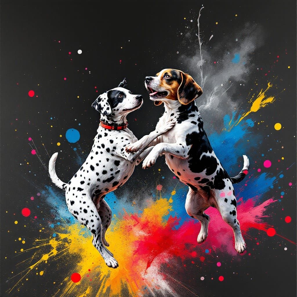 Vibrant Charcoal Dogs Play in Whimsical Explosion of Color