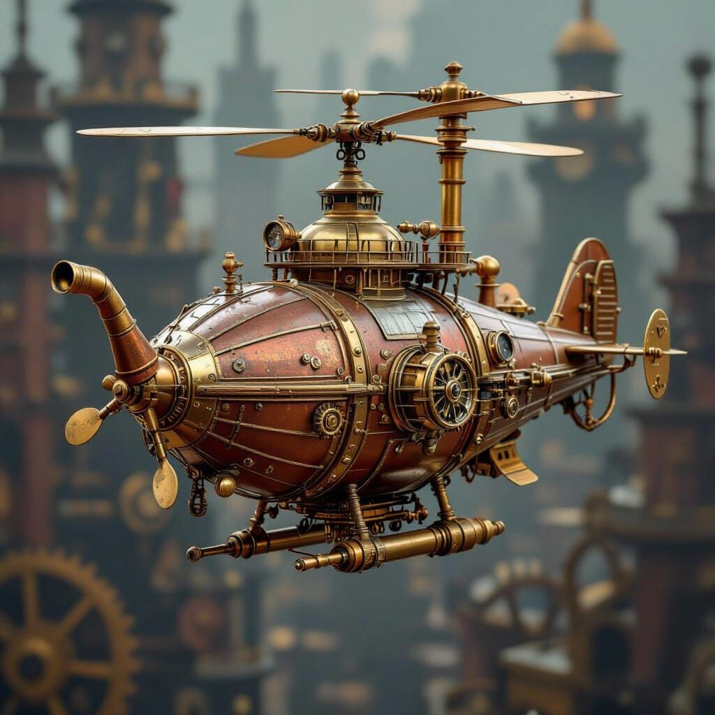 Steampunk Airship Teapot Above Clockwork Cityscape