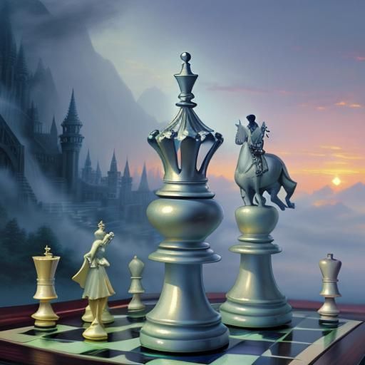 Ethereal Chess Pieces in a Fantasy Landscape
