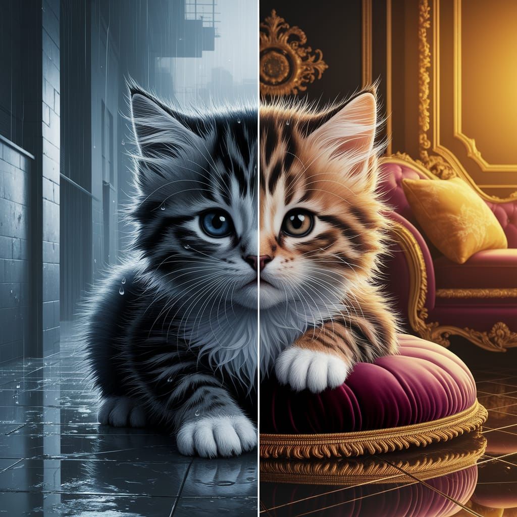 Kitten Portrait: Split Emotions in Digital Art