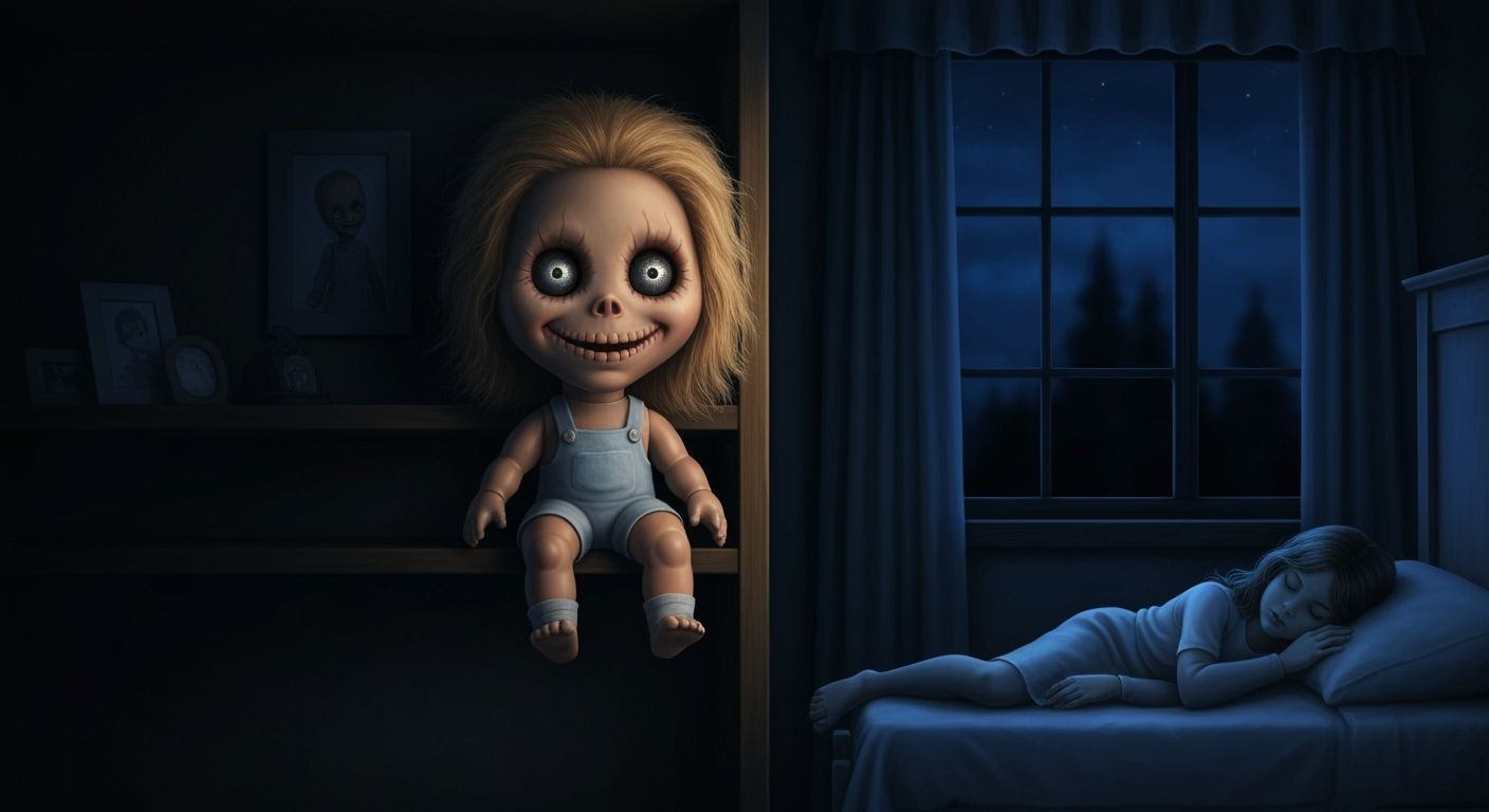 Creepy Doll Watches Girl Sleep in Dark Room Oil Painting