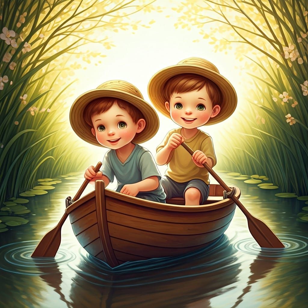 Boys Rowing Boat in Stream, Alphonse Mucha Style