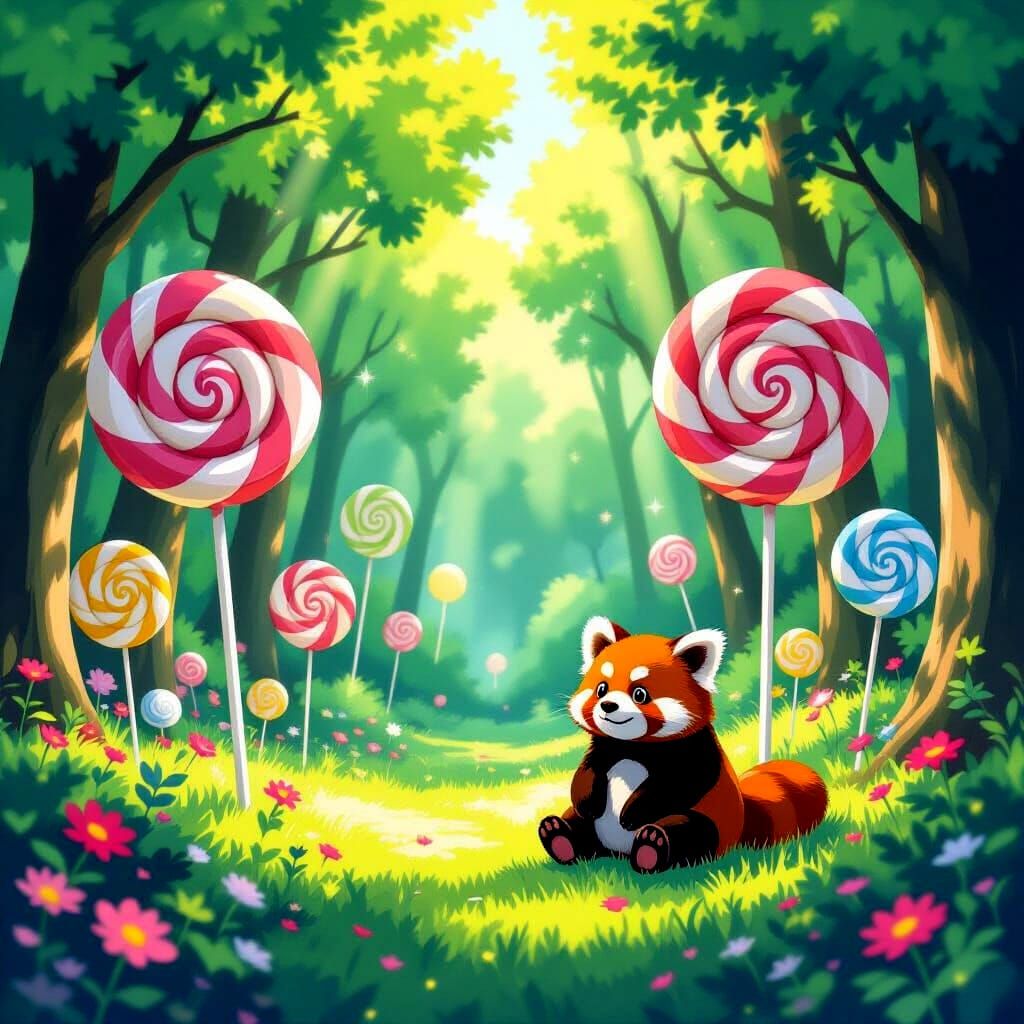 Red Panda in Whimsical Lollipop Forest - Ghibli Anime Style