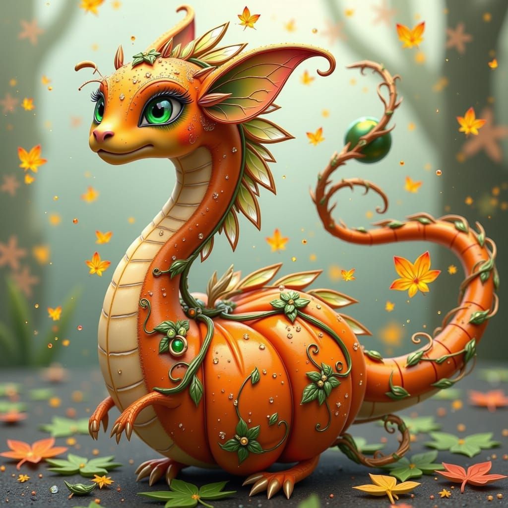 Vibrant Autumn Dragon with Pumpkin Body and Delicate Vines