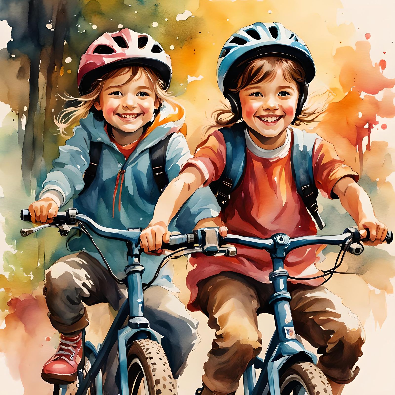 Children's Bike Ride in Watercolor Illustration