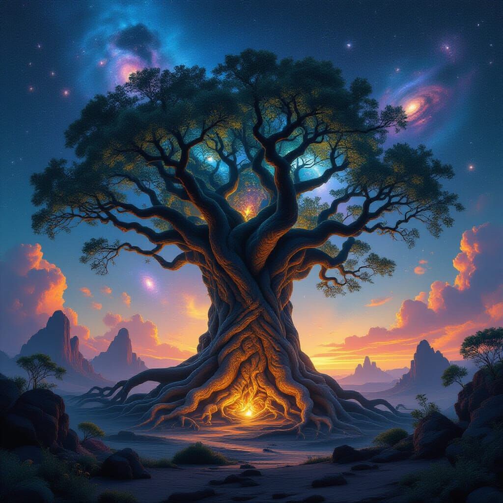 Ancient Cosmic Tree with Bioluminescent Roots in Galactic Ne...