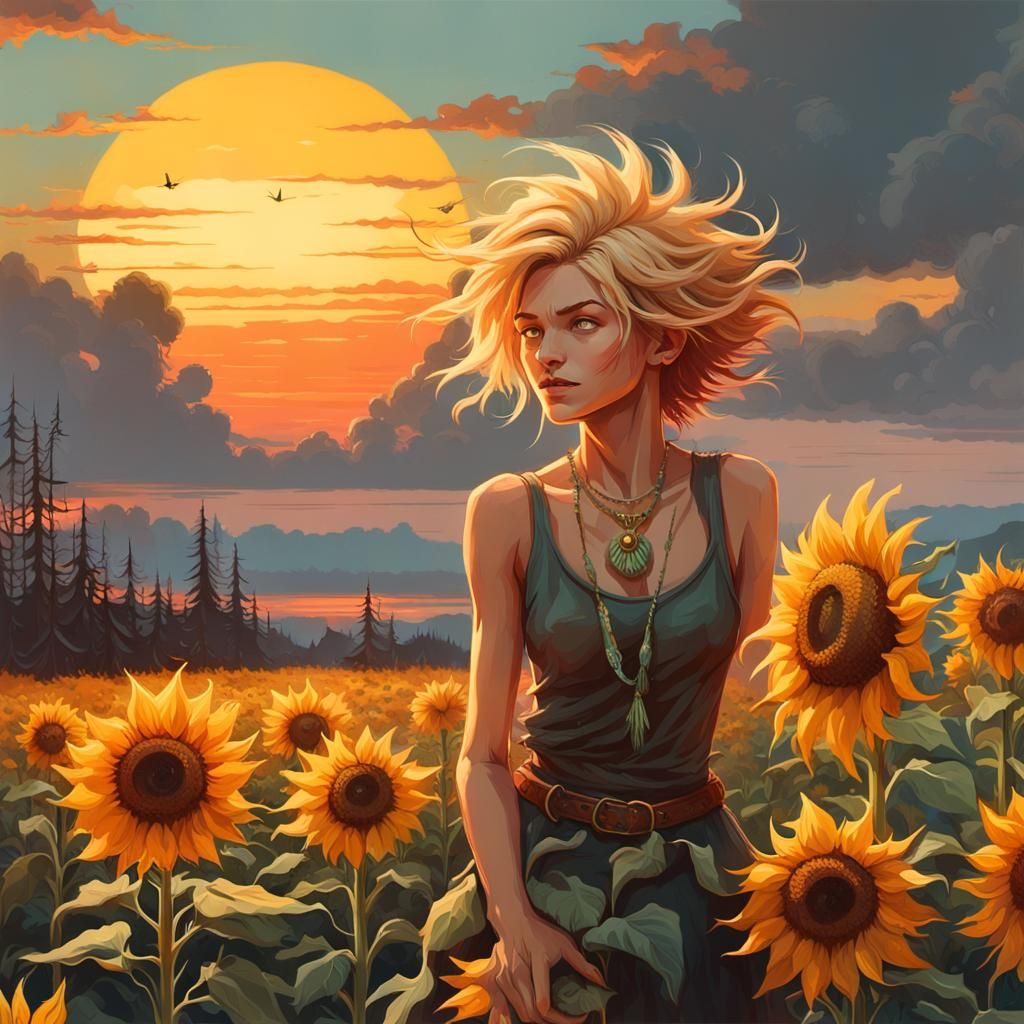 Pixie on Sunflower in Expressive Digital Art