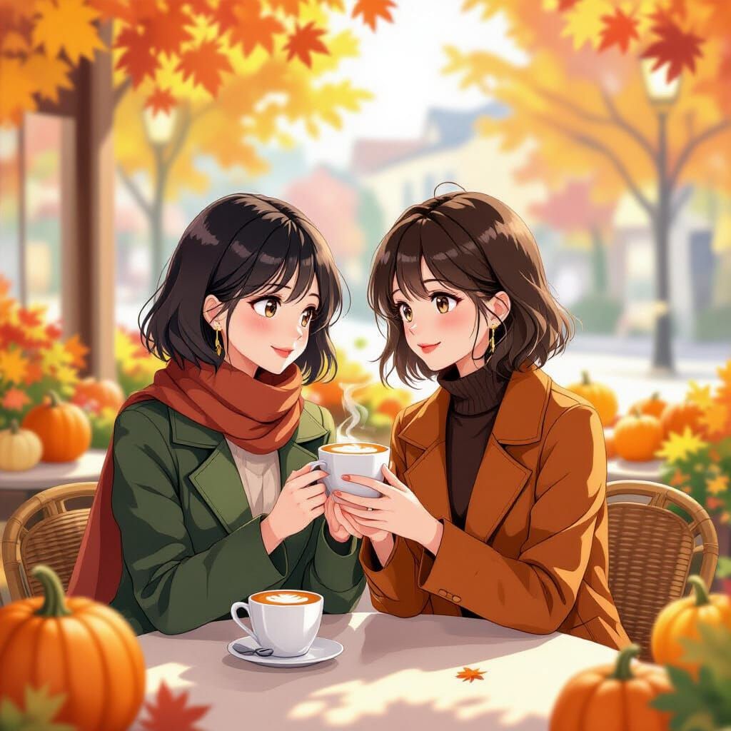 Anime Women in Quaint Autumn Cafe, Ghibli Style