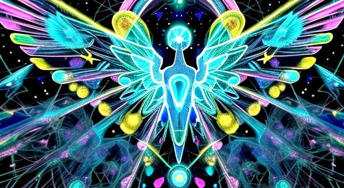 Winged Angel of Interconnected Neon Stars in Sci-Fi Style
