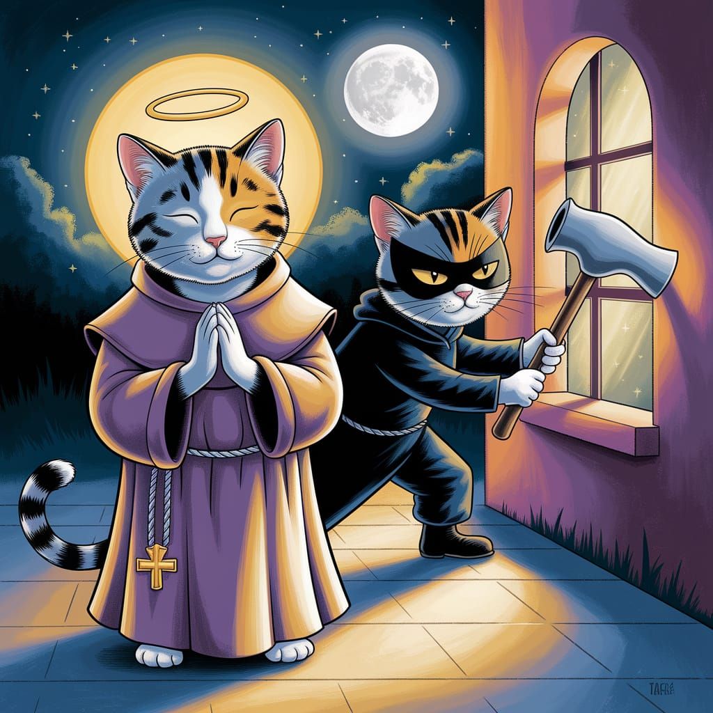 Monk Cat Protecting From Mischief, in Gouache Style