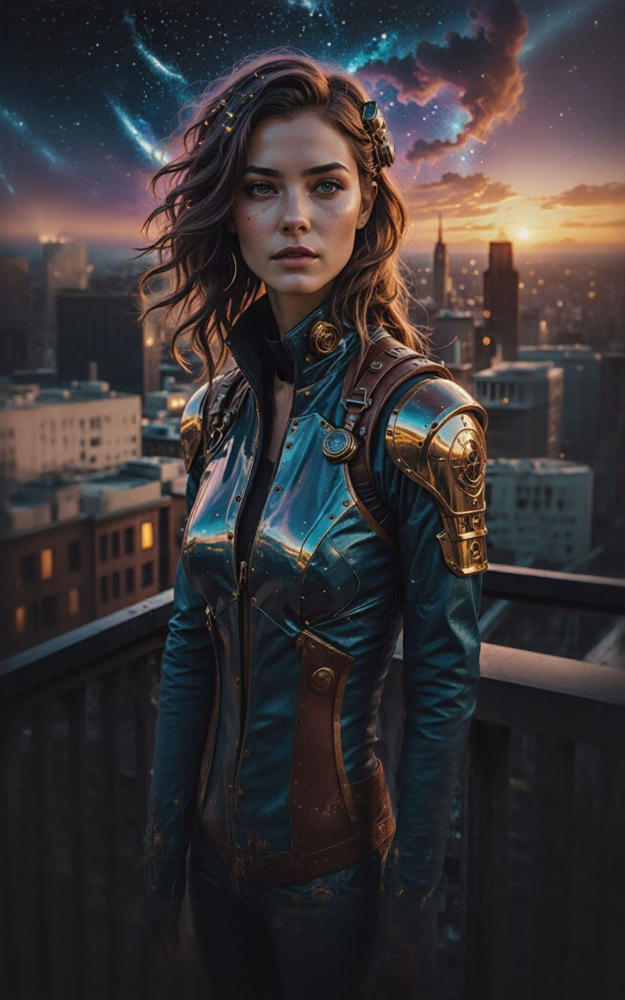 Joyful Woman in Sci-Fi Cityscape, Digital Painting