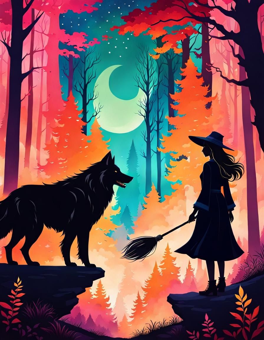 Vibrant Witch and Wolf Silhouette in Forest