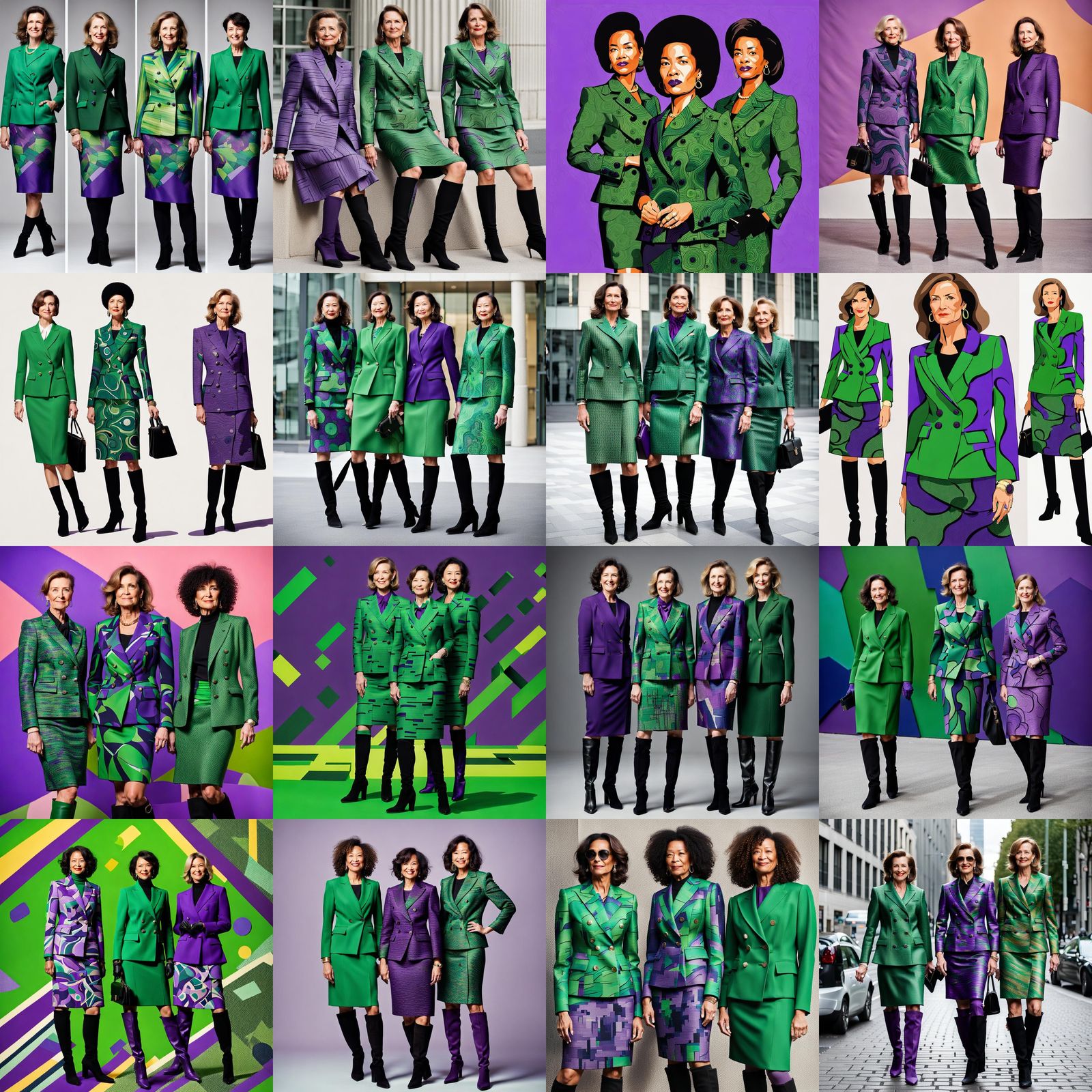 Businesswomen in Green and Purple Skirt Suits