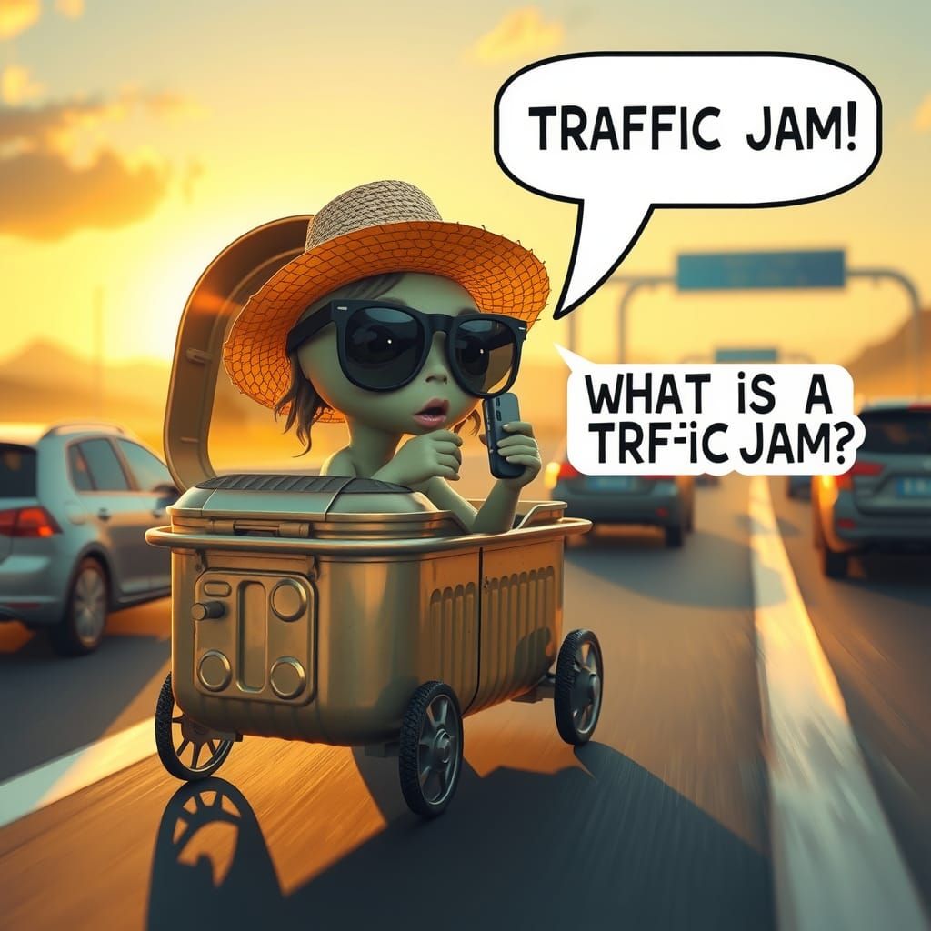 Surreal Alien Traffic Jam in Chibi Style