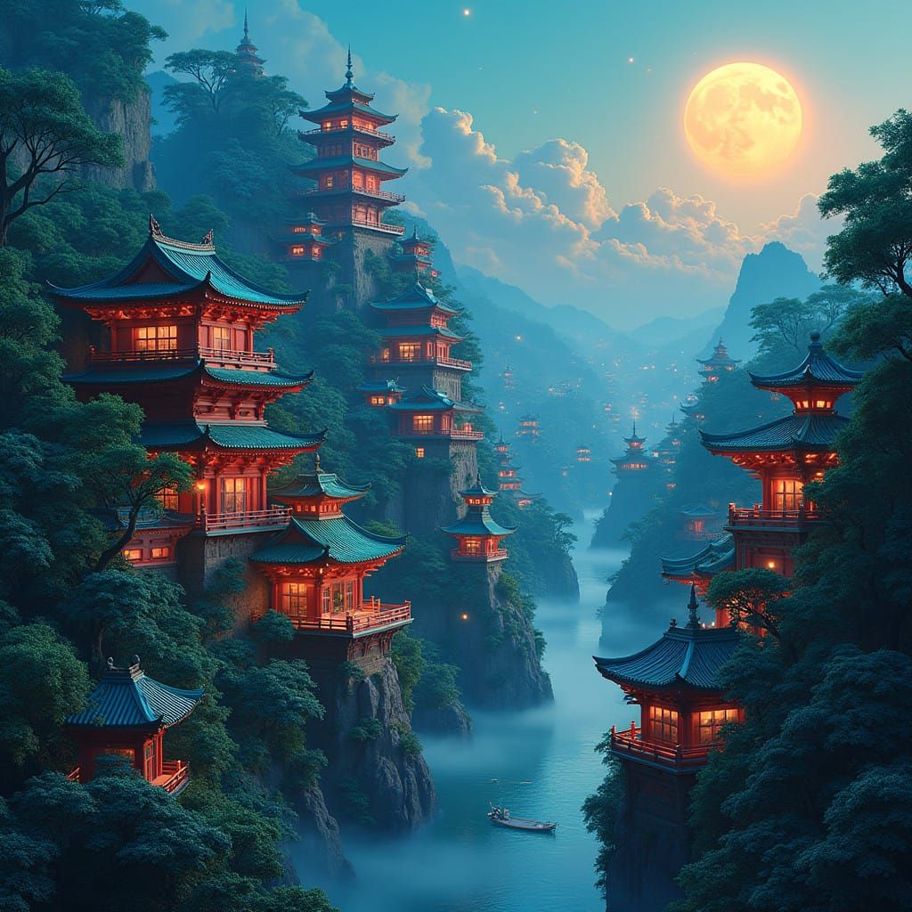 Surreal Ninja Cityscape with Mystic Architecture and Lush Fo...