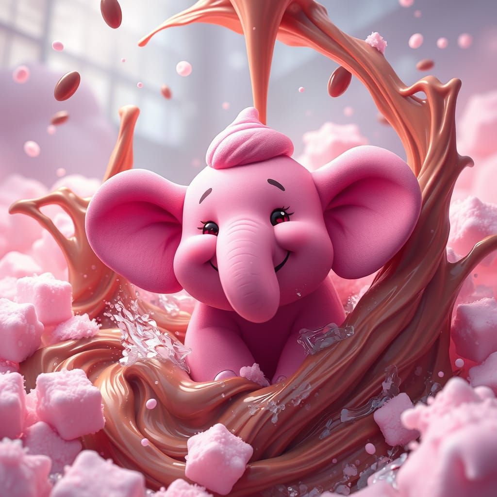 Joyful Pink Marshmallow Elephant in Chocolate Fountain