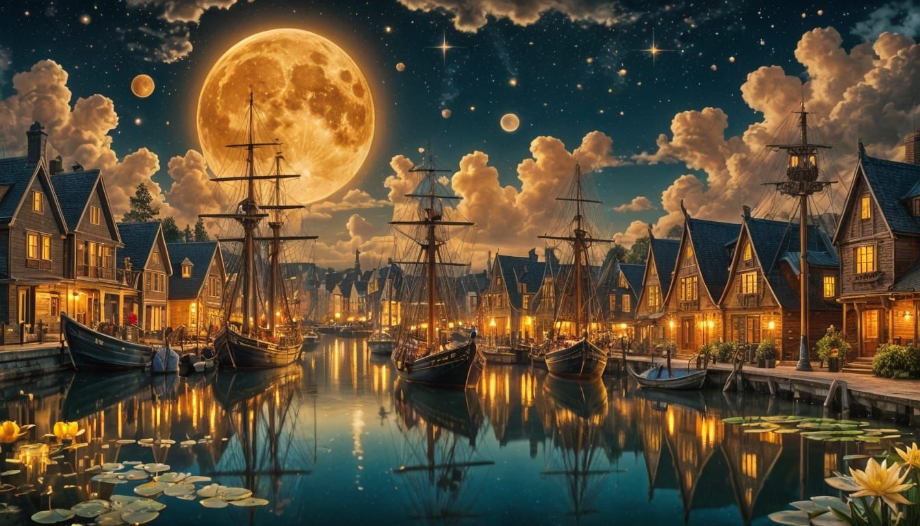 Fantasy Harbor Town at Night with Golden Moon