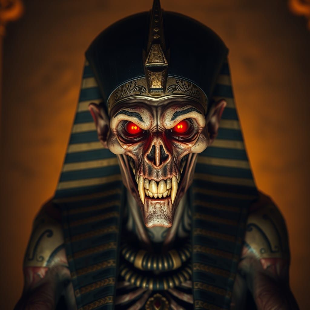 Undead Pharaoh Nyarlathotep in Dimly Lit Tomb