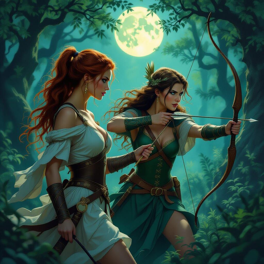 Adara and Artemis Hunt in Ethereal Moonlit Forest