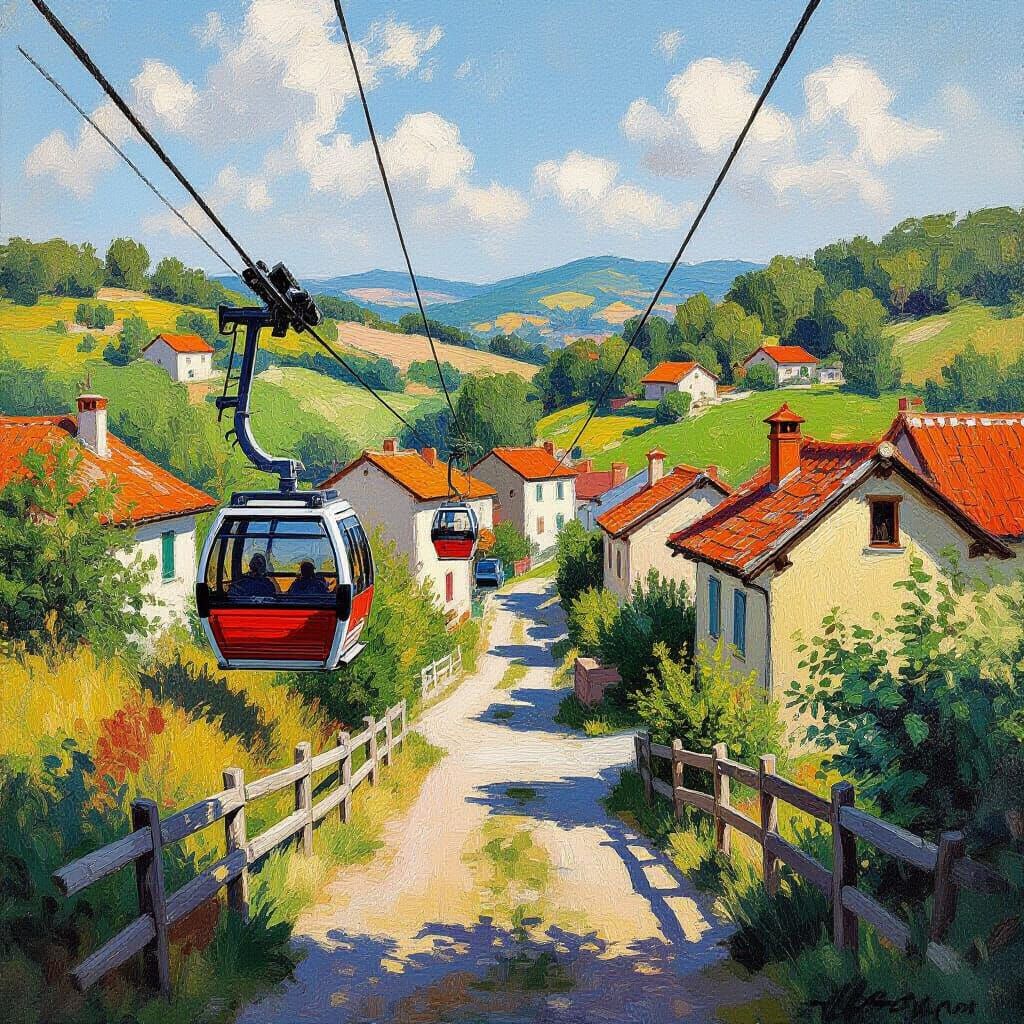 Cable Car Connects Villages: Impressionist Painting