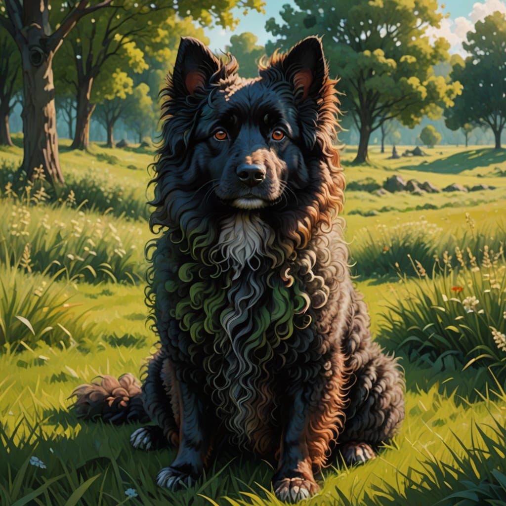 Curly Red Poodle Concept Art in Vibrant Oil Painting Style