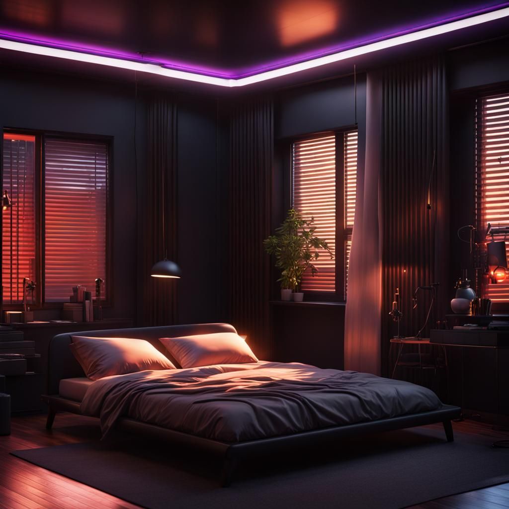 80s Bedroom with Neon Lights in Hyperrealism